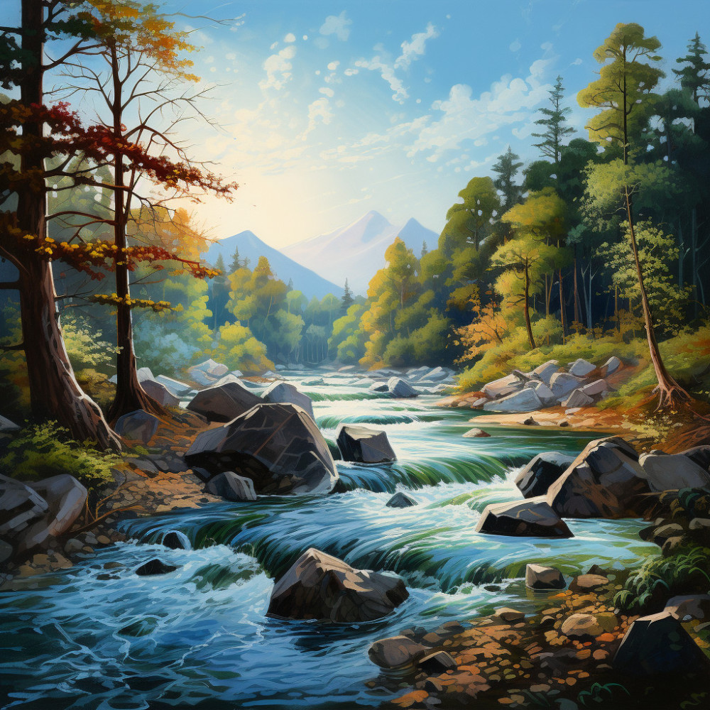 Sunrise by the Flowing Rapids