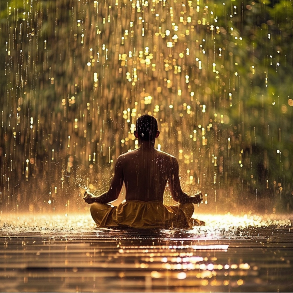 Paz En La Meditación Bajo La Lluvia