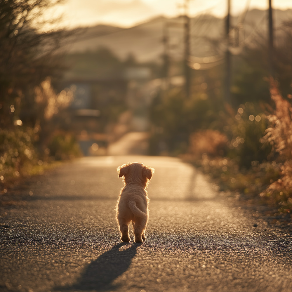 子犬が歩く田舎道
