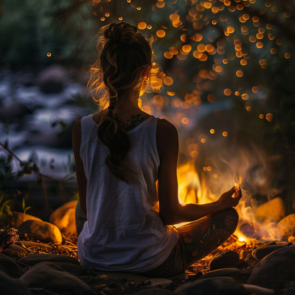 Pose De Yoga Junto Al Fuego