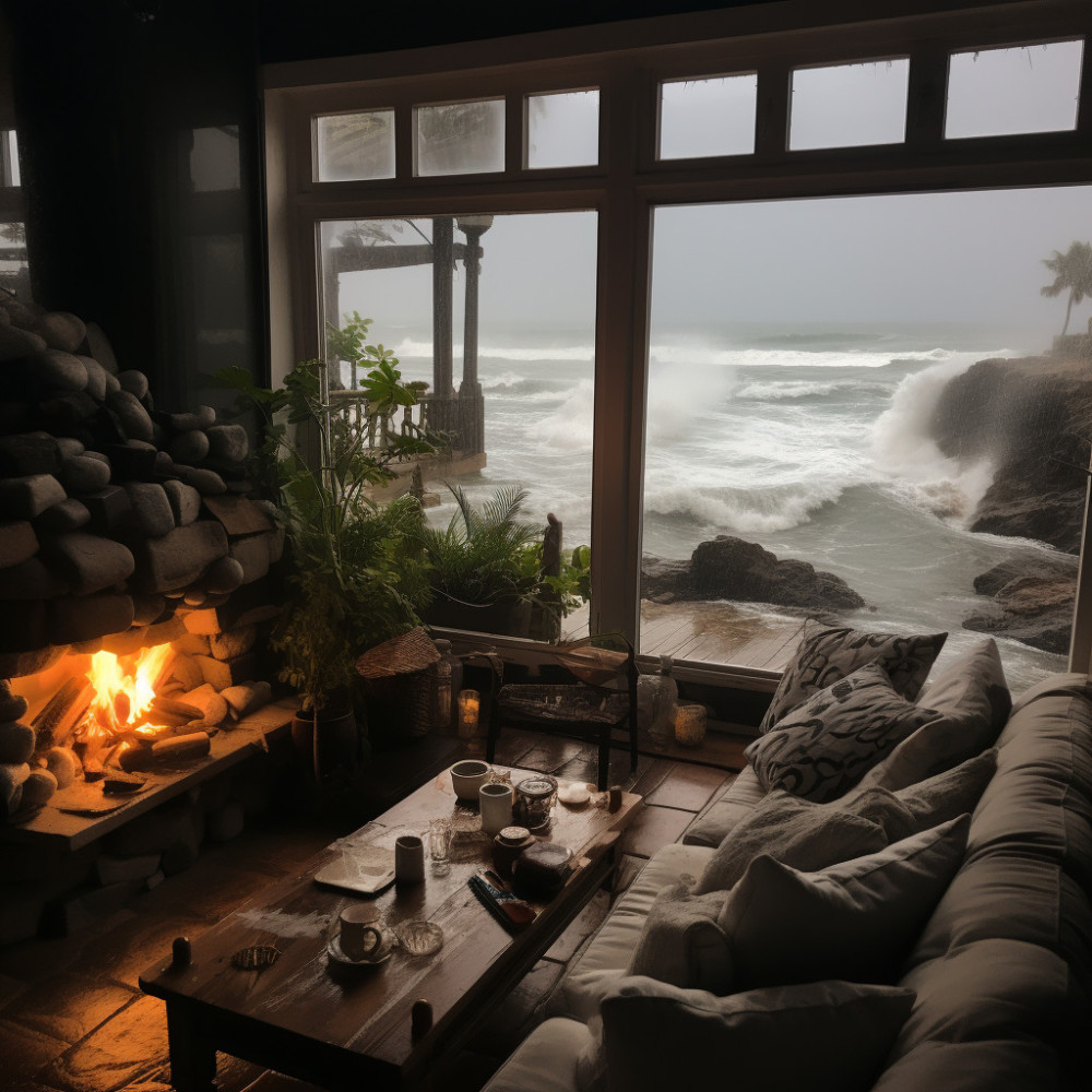 Elemental Harmony: Heavy Rain, Rushing Ocean, and Fire's Embrace